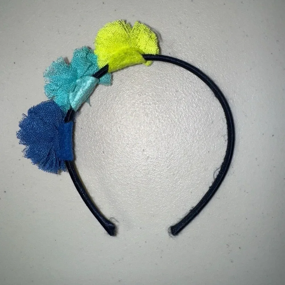 Girls Headband Navy Tulle PomPom Blue Turquoise Yellow Playful Statement Fun